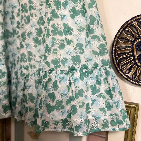 ACOA blue and green floral eyelet bustier puff sleeve dress (M) - Picture 2 of 6